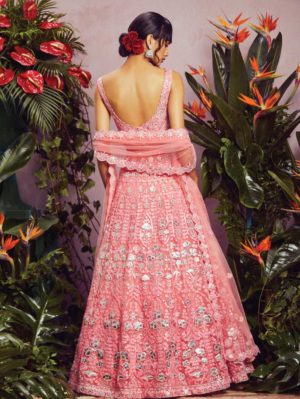 ANEESH AGARWAAL – Pink Net Lehenga Set - Image 2