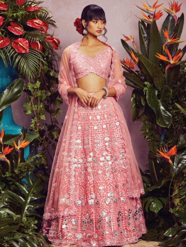 ANEESH AGARWAAL – Pink Net Lehenga Set