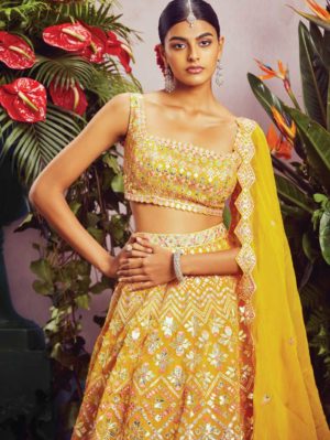 ANEESH AGARWAAL – Yellow foil petals lehenga set - Image 3