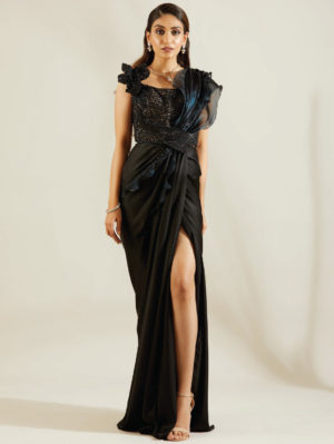 ADAARA COUTURE – Jade Black Frill Organza Saree - Image 3