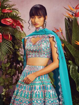 ANEESH AGARWAAL – Teal Lehenga Set - Image 3