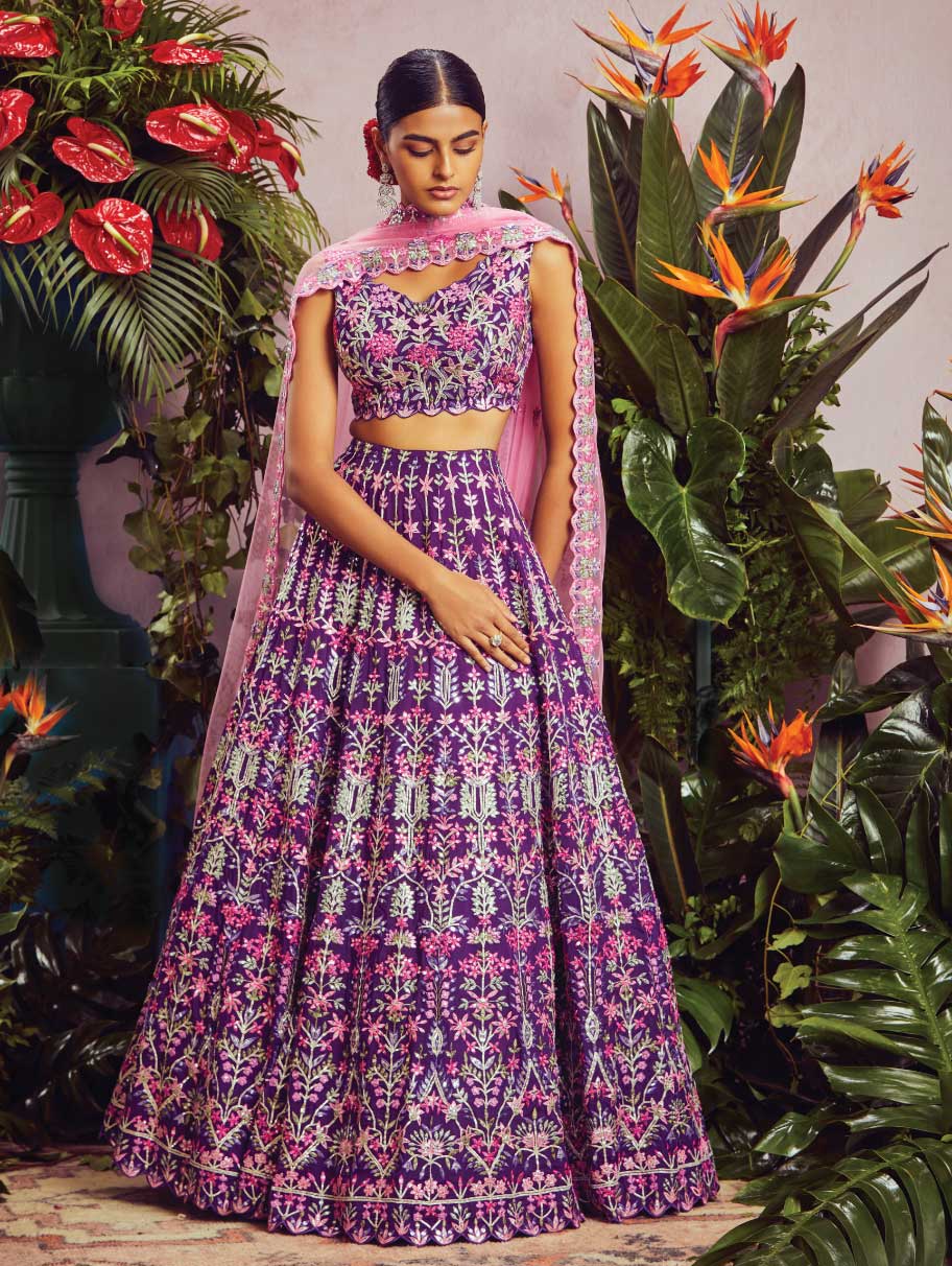 ANEESH AGARWAAL – Purple botanical lehenga set – Nikaza Asian Couture