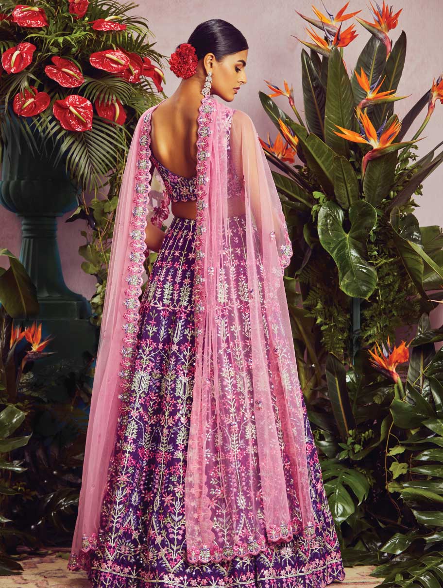 ANEESH AGARWAAL – Purple botanical lehenga set – Nikaza Asian Couture