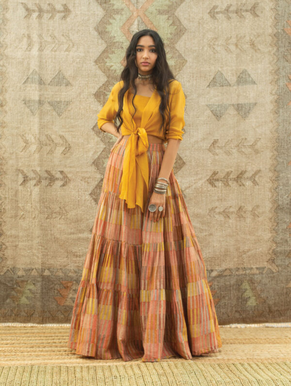Label Anushree - Mustard Lehenga & Organza Knotted Shirt