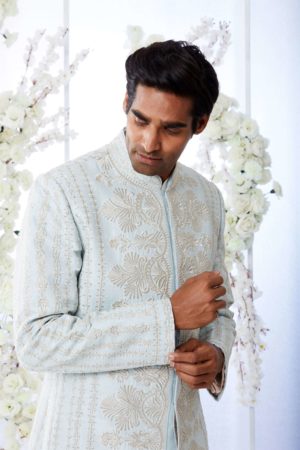 Seema Gujral-Aqua Blue Short Sherwani Set - Image 4