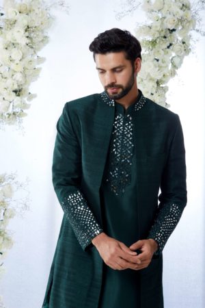 Seema Gujral- Emerald Green Mirror Open Sherwani Set - Image 11