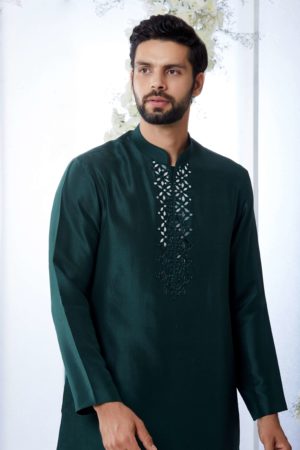 Seema Gujral- Emerald Green Mirror Open Sherwani Set - Image 12