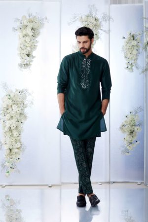 Seema Gujral- Emerald Green Mirror Open Sherwani Set - Image 4