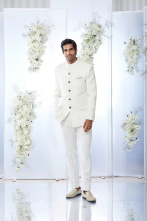 Seema Gujral- Ivory Black Meena Button Sherwani Set - Image 2