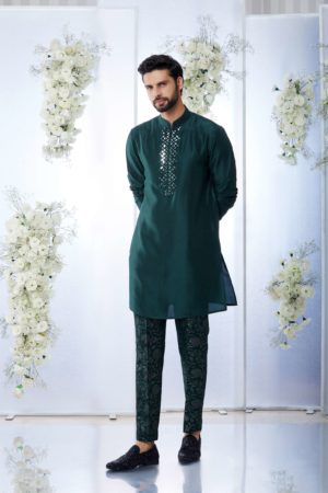 Seema Gujral- Emerald Green Mirror Open Sherwani Set - Image 3