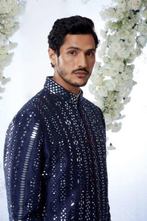 Seema Gujral- Midnight Mirror Work Sherwani Set - Image 4