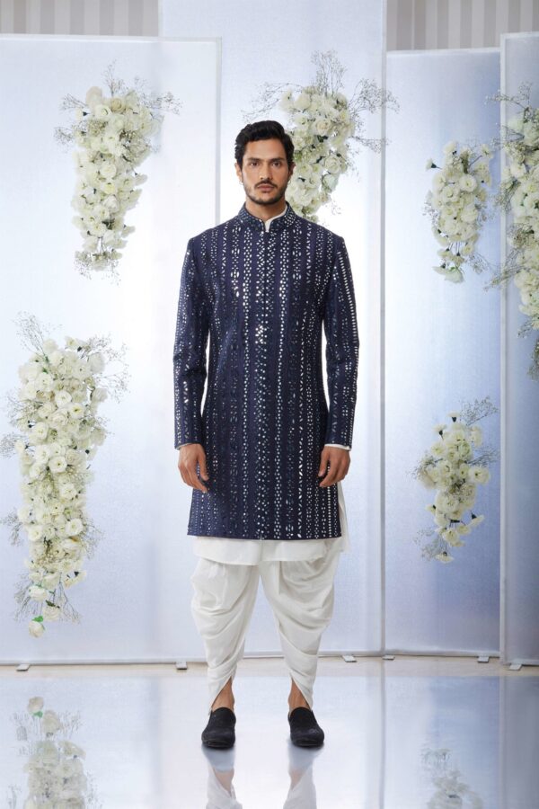 Seema Gujral- Midnight Mirror Work Sherwani Set