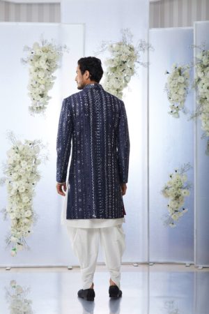 Seema Gujral- Midnight Mirror Work Sherwani Set - Image 6