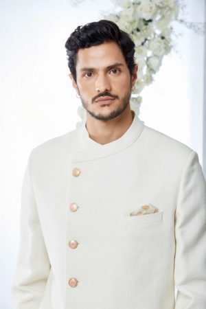 Seema Gujral- Ivory Peach Meena Button Sherwani Set - Image 4