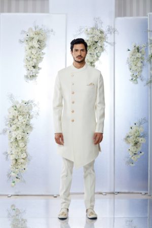 Seema Gujral- Ivory Peach Meena Button Sherwani Set - Image 7