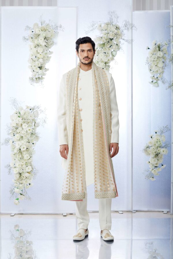 Seema Gujral- Ivory Peach Meena Button Sherwani Set