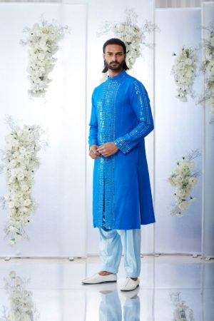 Seema Gujral- Royal Blue Mirror Work Kurat Set - Image 2