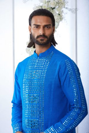 Seema Gujral- Royal Blue Mirror Work Kurat Set - Image 4