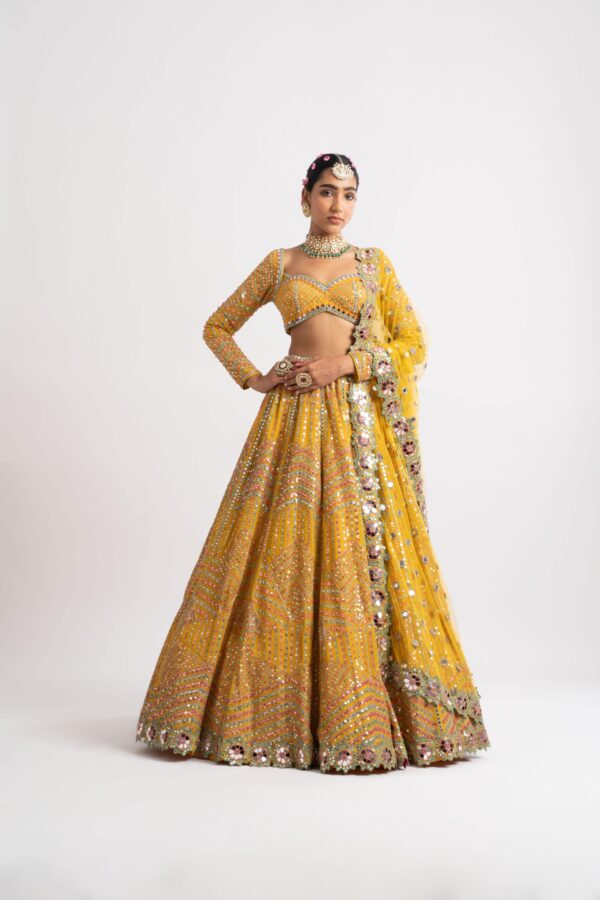 Vvani Vats Yellow V Neck Heavy Multi Color Lehenga Set