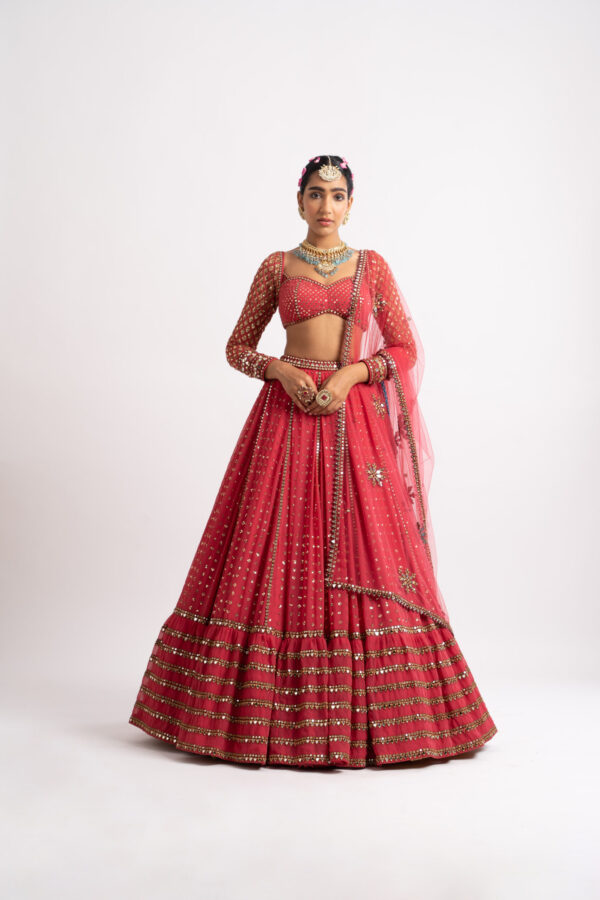 Vvani Vats Deep Coral Single Tier Lehenga Set