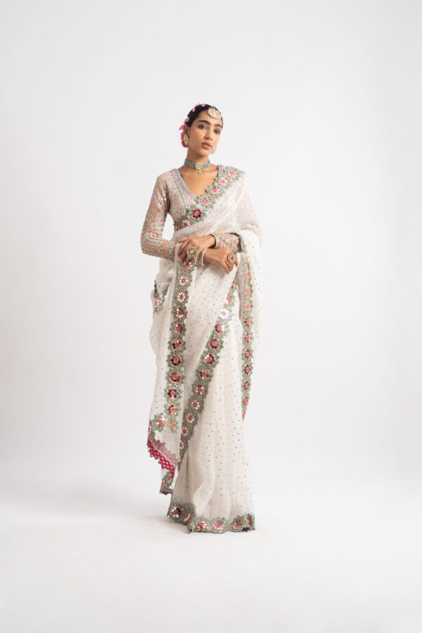 Vvani Vats White Hand Cut Mirror Border Saree Set