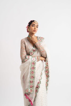 Vvani Vats White Hand Cut Mirror Border Saree Set - Image 4