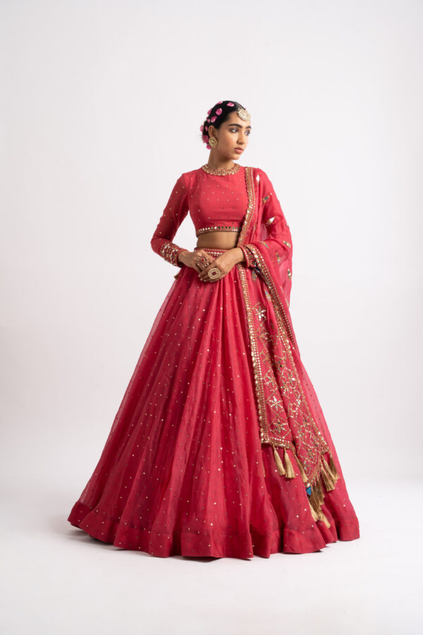 Vvani Vats Deep Coral Silk Organza Heavy Dupatta Lehenga Set