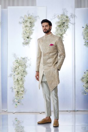 Seema Gujral- Silver & Gold Zari Sherwani Set - Image 2