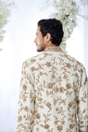 Seema Gujral- Ivory & Gold Zaridosi Sherwani Set - Image 4