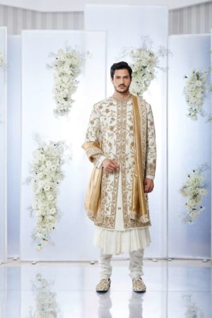 Seema Gujral- Ivory & Gold Zaridosi Sherwani Set - Image 2