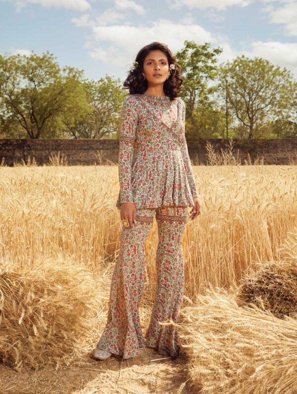 Ridhima Bhasin - Aqua Printed Angrakha Peplum