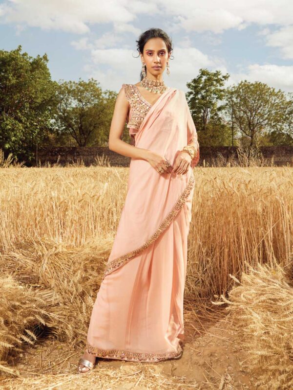 Ridhima Bhasin - Pink Embroidered Pre-draped Saree