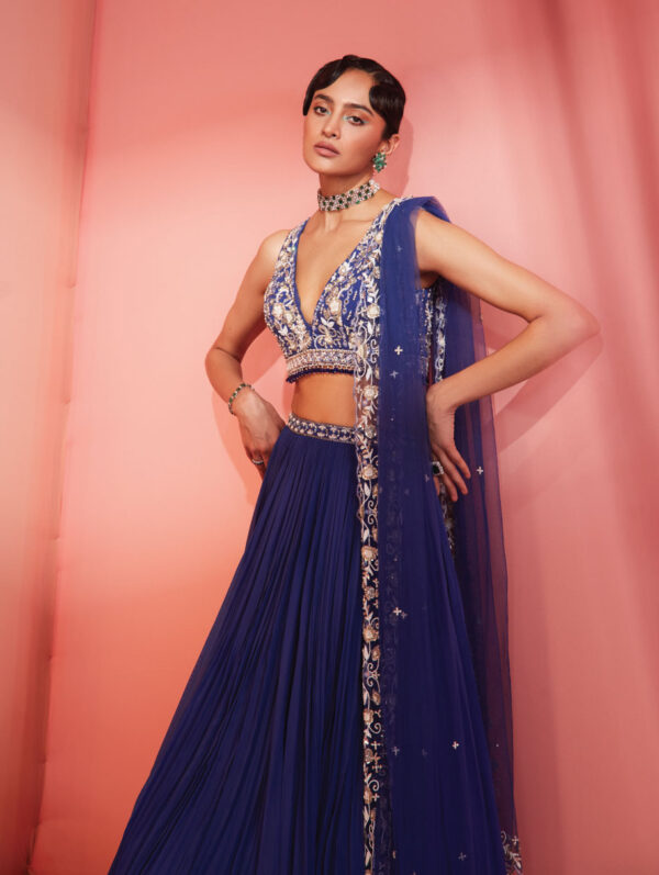 Sanya Gulati - Ink Blue Blouse Skirt And Dupatta