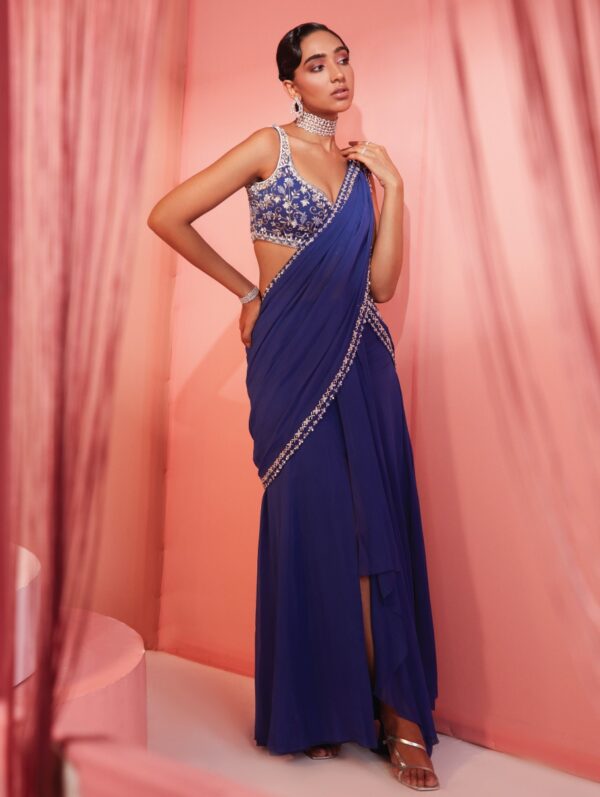 Sanya Gulati - Ink blue slit saree
