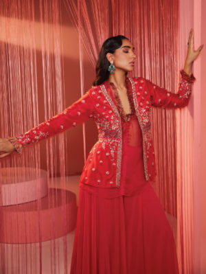 Sanya Gulati - Coral Red Peplum Jacket with Pallazo - Image 3