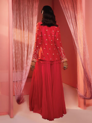 Sanya Gulati - Coral Red Peplum Jacket with Pallazo - Image 2