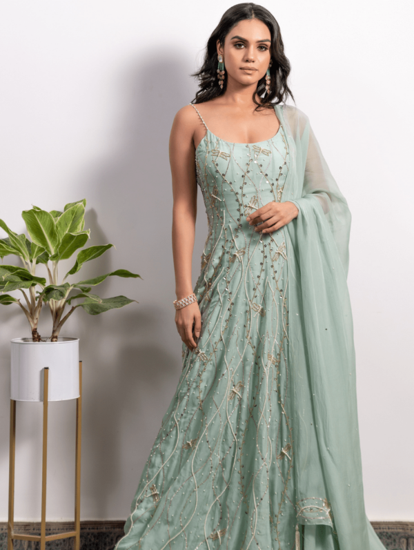 Silky Bindra PEARL STRAP EMBROIDERED PANELLED ANARKALI WITH DUPATTA
