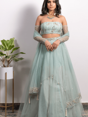 Silky Bindra OFF-SHOULDER EMBROIDERED BLOUSE WITH PEARL TASSELED LEHENGA AND DUPATTA - Image 3