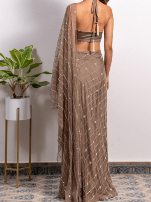 Silky Bindra - HIGH SLIT EMBROIDERED SAREE WITH TIE-UP BLOUSE - Image 3