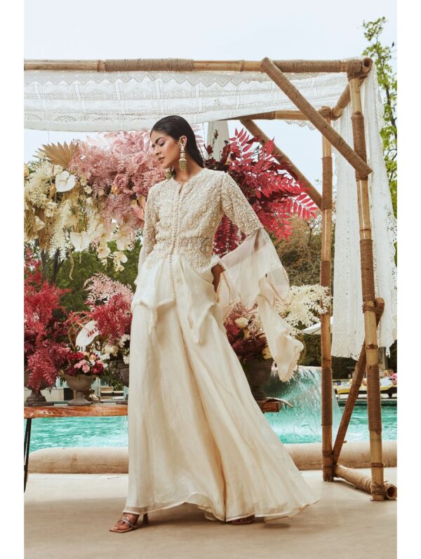 Ridhima Bhasin IVORY PEARL EMBROIDERED PEPLUM JACKET SET