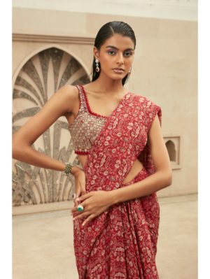Ridhima Bhasin RED PRINTED CLASSIC PRE-DRAPED SAREE - Image 2