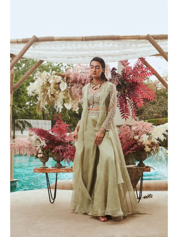 Ridhima Bhasin SAGE GREEN PEARL DROP EMBROIDERED JACKET SET
