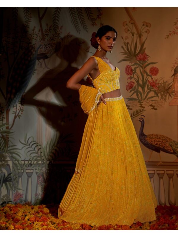 Aayushi Maniar-YELLOW BANDHINI CORSET LEHENGA