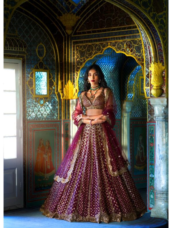 SEEMA GUJRAL – Wine Gold Lehenga Set
