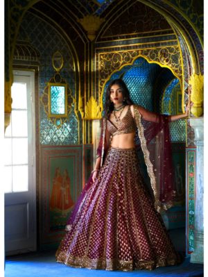 SEEMA GUJRAL – Wine Gold Lehenga Set - Image 2