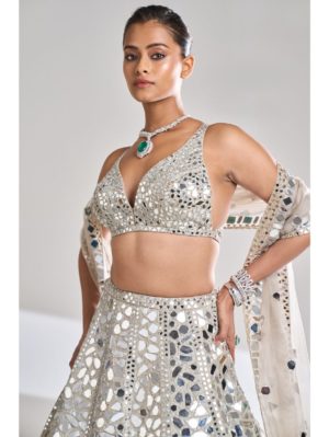 SEEMA GUJRAL – Silver Mirror Lehenga Set - Image 2