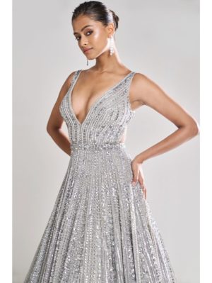 SEEMA GUJRAL – Silver Sequin Gown - Image 3