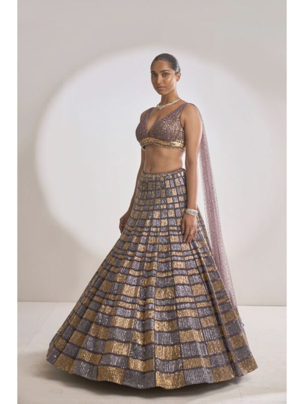 SEEMA GUJRAL – Grey Gold Sequin Lehenga Set
