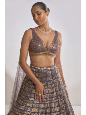 SEEMA GUJRAL – Grey Gold Sequin Lehenga Set - Image 2
