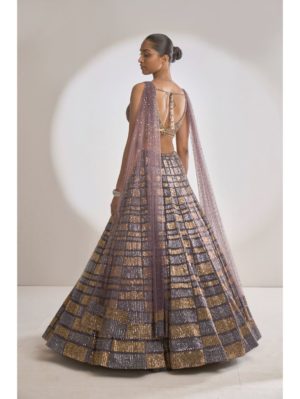 SEEMA GUJRAL – Grey Gold Sequin Lehenga Set - Image 3